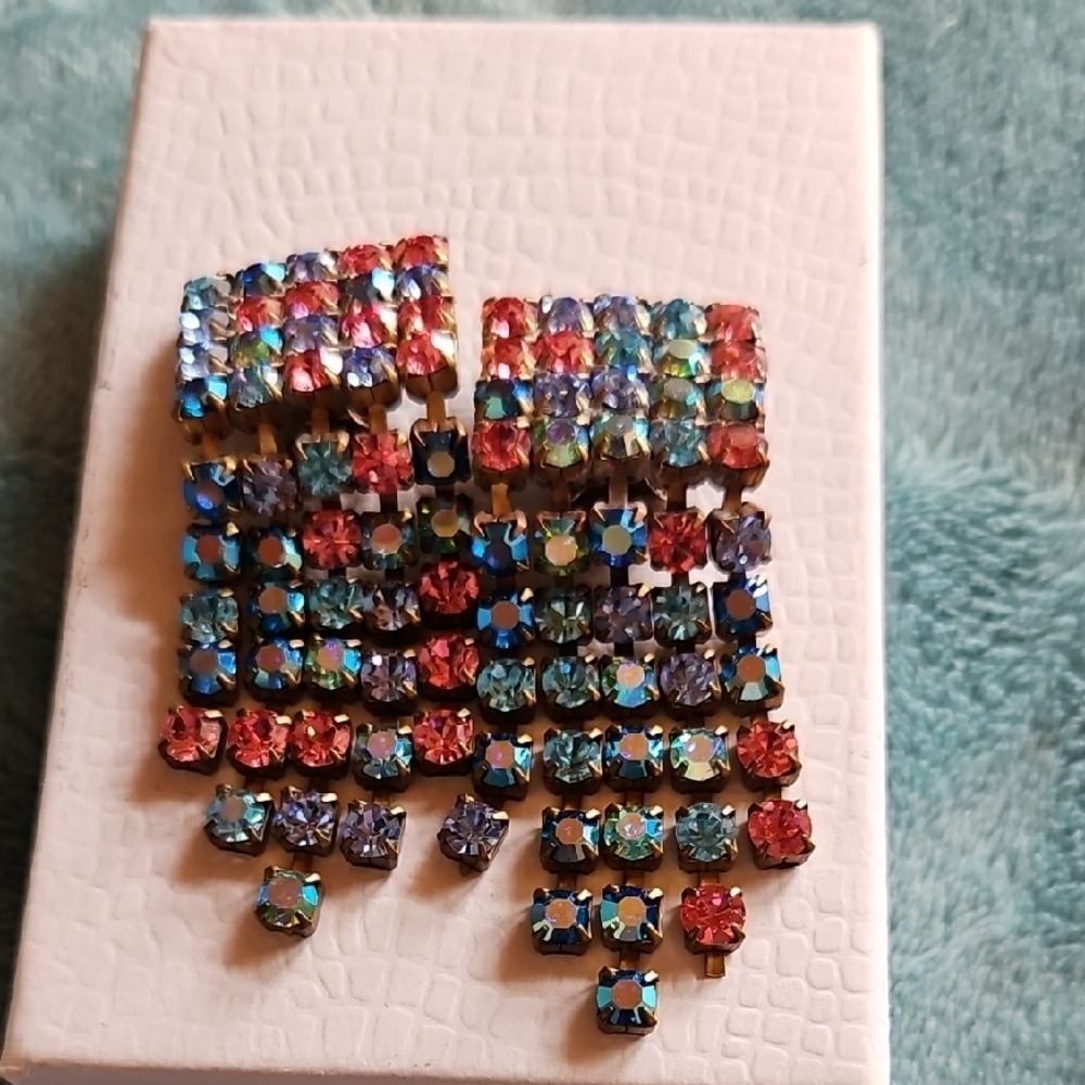Red and Blue Geometric Earrings with Rhinestones